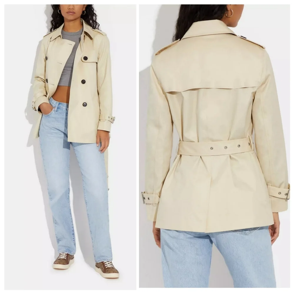 Coach Solid Short Trench Coat Beige Preppy Utilitarian Film Noir Minimalist XS - Picture 14 of 16